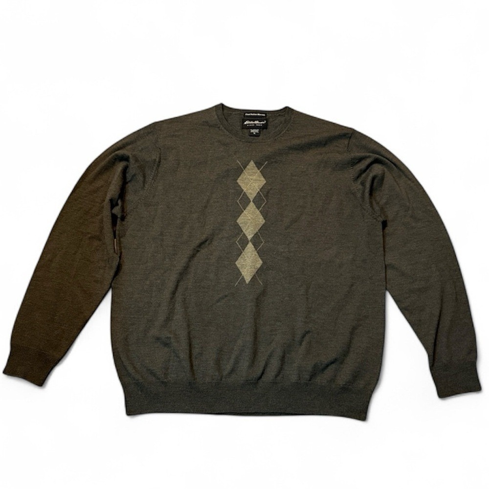 Mens Eddie Bauer Men's 100% Merino Wool Olive Green Sweater Grandpacore Size XL